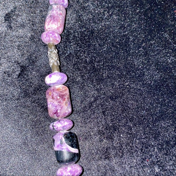 VINTAGE RUSSIAN CHAROITE PURPLE STONE BEADS NECKLACE SILVER ACCENTS 20” OOAK - Picture 6 of 10